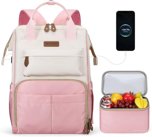 Maelstrom Travel Backpack for Women Men,Laptop Backpack Fits 15.6-17.3 Inch Laptop, Nurse/Work Bag with Insulated Lunch Box (Pink-beige)
