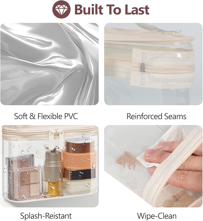 PACKISM Clear Toiletry Bag Combo Pack - 1 TSA Approved Medium & 1 Large Makeup Bag for Checked Luggage, Clear PVC Travel Bag with Handle, Dual Metal Zippers, Water Resistant Large Opening, Beige