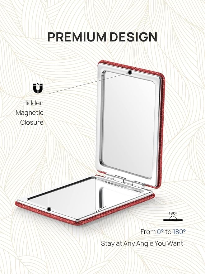OMIRO Compact Mirror, Glitter PU Leather 1X/3X Magnification, Ultra Portable for Purses, 2.4" W x 3.4" L (Red)