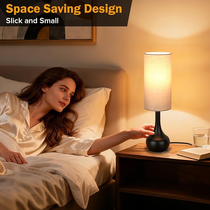 Touch Bedside Lamp for Nightstand,3-Way Dimmable,Space Saving & No Assembly Required, Upgraded Small Droplet Vintage Black Table Lamp for Bedroom, Living Room (2700K LED Bulb Included)