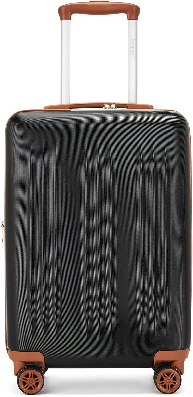 Kono Small 20 Inch Expandable Carry On Luggage with Quiet Spinner Wheels & TSA Lock, Scratch and Drop Resistant PC+ABS Hardside 22x14x9 Airline Approved Suitcase, Black & Brown