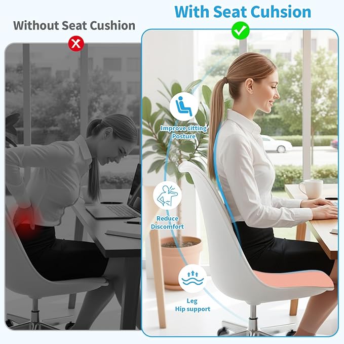 XLarge Seat Cushion, Memory Foam Cushion for Long Sitting Hours on Office Chair, Home & Car, Non-Slip Chair Pad for Relieving Back & Sciatica & Hip & Coccyx Pain (Pink)