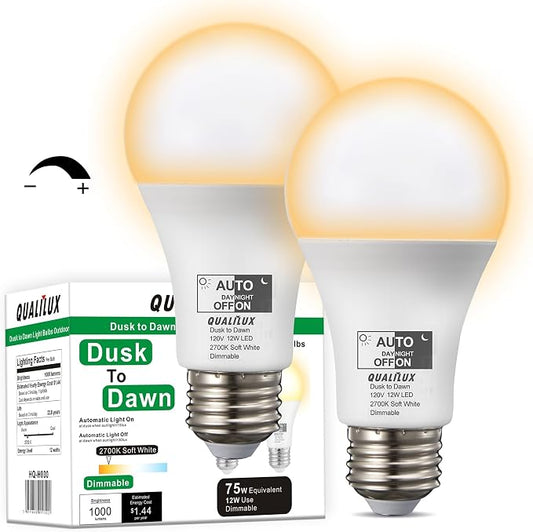 Qualilux Dusk to Dawn Light Bulbs, Auto On/Off Light Sensing LED Bulbs Outdoor, Soft White, Dimmable, 12W 1000LM 75W Equivalent, HQ-H030