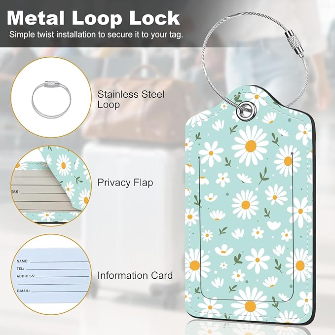 2Pack Luggage Tags for Suitcases, Cute Unique Pu Leather Cruise Luggage Tag with Privacy Cover ID Label Address Card and Metal Ring Suitable for Women Men Kids Travel Bag Little White Daisies