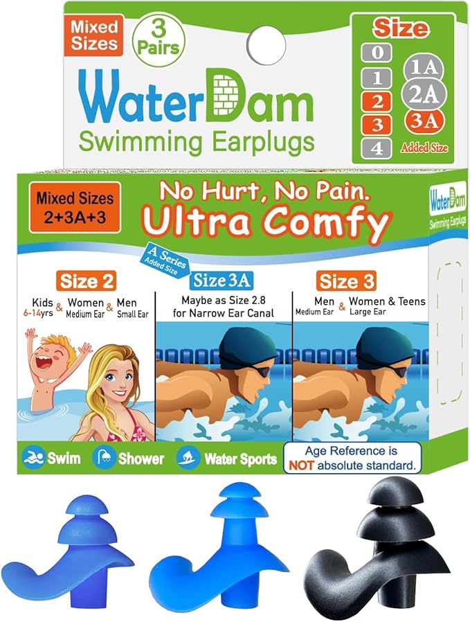 WaterDam Swimming Ear Plugs - Ultra Comfy Waterproof Earplugs Prevent Swimmer's Ear (Small, Medium, Large - Blue, Black)