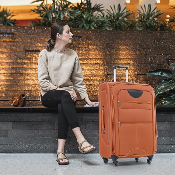 Softside Luggage Sets 3 Piece - 20" Carry-On, 24” & 28” Checked Luggage Set, Expandable Luggage Lightweight Suitcase with Spinner Wheels & TSA Lock for Family Extended Travel (Orange)