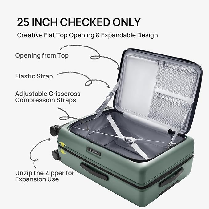 NINETYGO Medium Checked Luggage 25 Inch, Flat Top Opening Check In Luggage with Cup Holder, Expandable, Lightweight PC Hard Shell, TSA Lock, 360° Spinner Wheels (Creamy Matcha Tea)