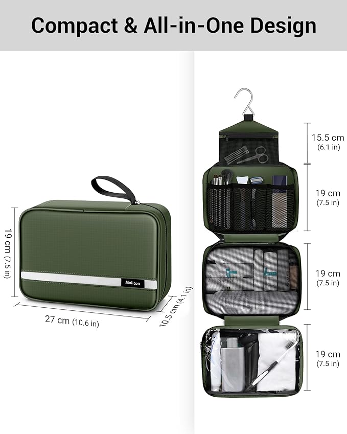 Maliton Toiletry Bag for Men & Women Large Toiletry Bags for Traveling Hanging Toiletry Bag Hygiene Bag with 4 Compartments Waterproof Bathroom Shower Bag(Olive Green)