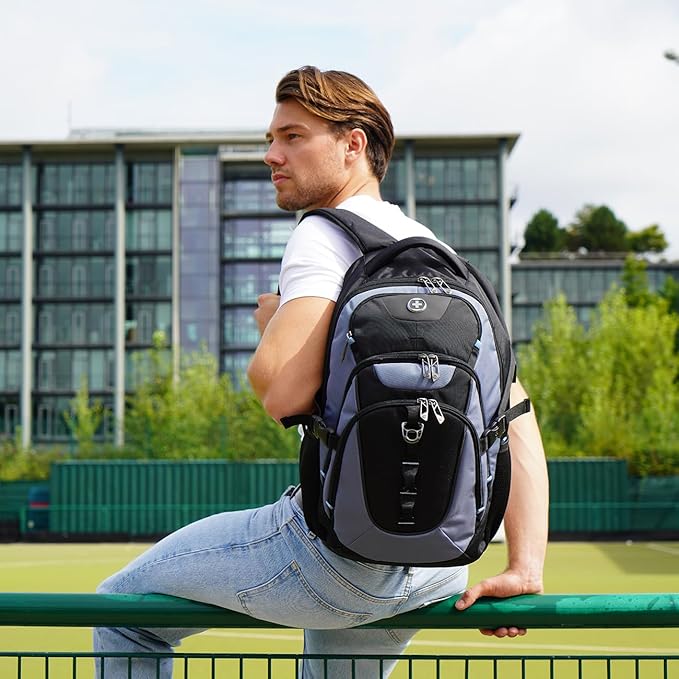 Swissdigital Design Laptop Backpack with USB Charging Port, Travel Backpack Fits 15.6 inches Computer, 31L College School Backpack for Men, Haze Blue/Black | SD803-16