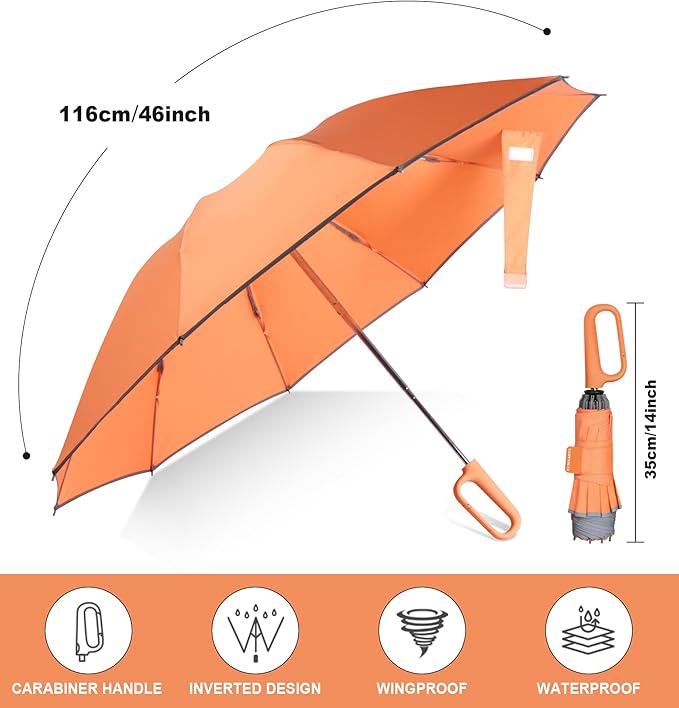 QWB TUMAAOTU Inverted Umbrella with Carabiner Handle, Compact Wind Proof Umbrellas For Rain and Sun Protection, Portable Reverse Folding Umbrella, Car Umbrella for Women Men, 10 Ribs