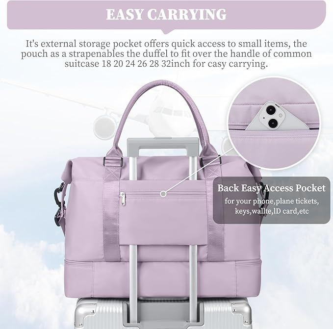 Weekender Bags for Women,Overnight Travel Duffel Bag with Shoes Compartment& Toiletry Bag,Extra Large(Purple)