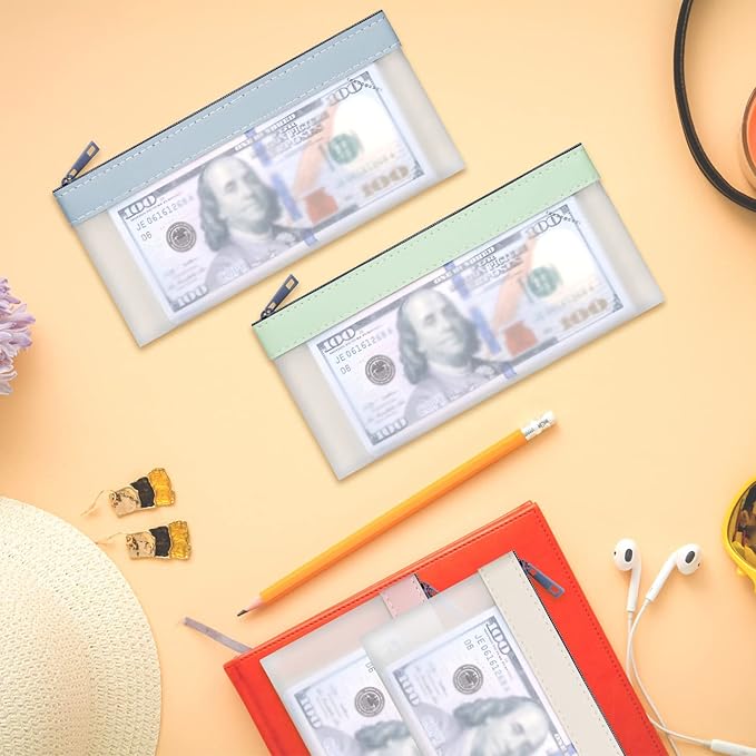 VOCHIC 4-Piece Multi-Purpose Money Bag - Money Bags with Zipper, Money Pouch Set 7.6 X 3.7 Inch, Clear Zipper Cash Envelopes, Bank Deposit Bags for Coins, Invoice, Makeup Bills Receipts Tool Storage