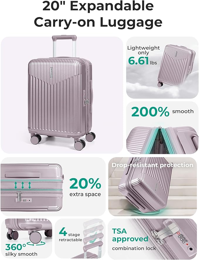 BAGSMART Carry On Luggage 22x14x9 Airline Approved with Spinner Wheels,100% PC Hardside Expandable Luggage with TSA Lock for Trips, 20 Inch Rolling Suitcases for Men Women,Purple