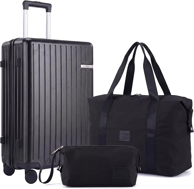 Hoteel Luggage Sets 3 Piece, 4-Yr Warranty, PC+ABS Suitcases with Wheels and Side Hook, Hardshell 20 inch Luggage with Duffel Bag Travel Bag, Black(20/DB/TB)