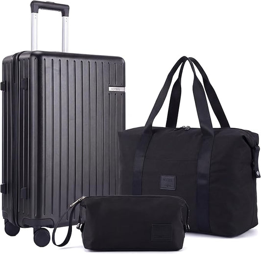 Hoteel Luggage Sets 3 Piece, 4-Yr Warranty, PC+ABS Suitcases with Wheels and Side Hook, Hardshell 20 inch Luggage with Duffel Bag Travel Bag, Black(20/DB/TB)