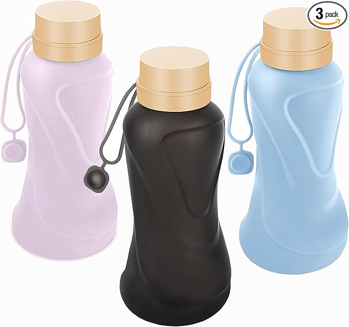 Collapsible Water Bottles 3 Pack Leak Proof,Reuseable BPA Free Silicone Foldable Water Bottles,Durable Lightweight for Travel Gym Camping Hiking Sports Water Bottle（Black&Purple&Blue）