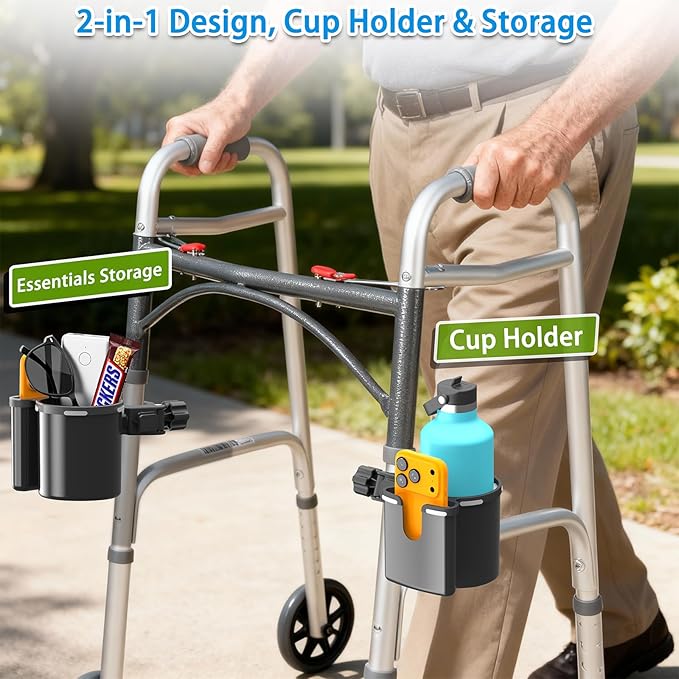 Universal Clamp-on 2-in-1 Cup Holder & Phone Holder for Stroller, Walker, Wheelchair, Fits 12oz-40oz Drinks, Multifunctional Storage Organizer