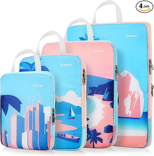 Gonex Compression Packing Cubes, 4pcs Expandable Storage Travel Luggage Bags Organizers, Travel Cubes for Suitcase Carry On (Coconut Palm)