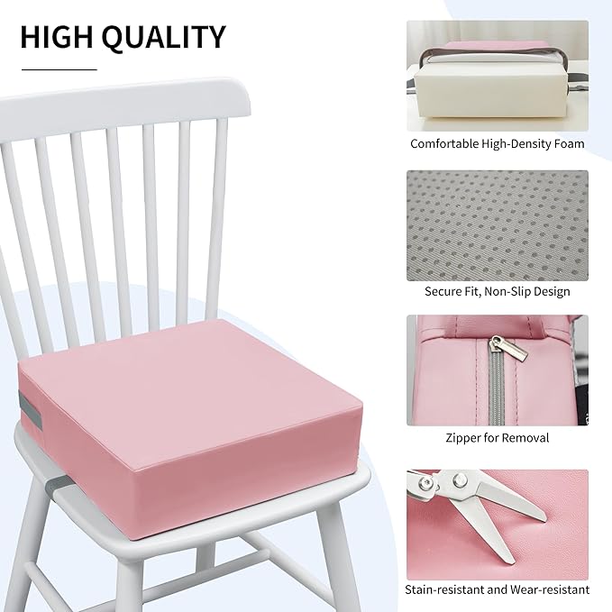 Toddler Booster Seat Dining Table Kitchen Chair, Waterproof Anti-Scratch PU Cushion, Non-Slip Bottom, Adjustable Buckle Straps, Easy Clean Portable Seat Cushion (Pink)