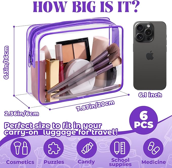 6 Pieces Clear Makeup Bags Bulk TSA Approved Toiletry Bag for Travel PVC Waterproof Clear Cosmetic Pouch with Zipper for Men and Women Carry-on Travel Essentials (Purple)