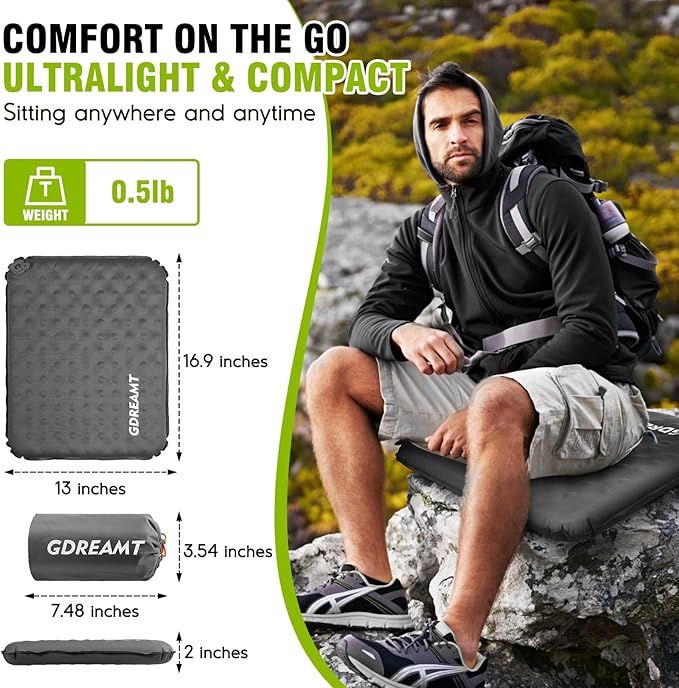 Inflatable Seat Cushion, Self-Inflating Memory Foam Stadium Seats Cushion Lightweight & Compact Chair Sitting Pad Airplane Cushion for Long Flight Travel Outdoor Camping Car Bleachers Office