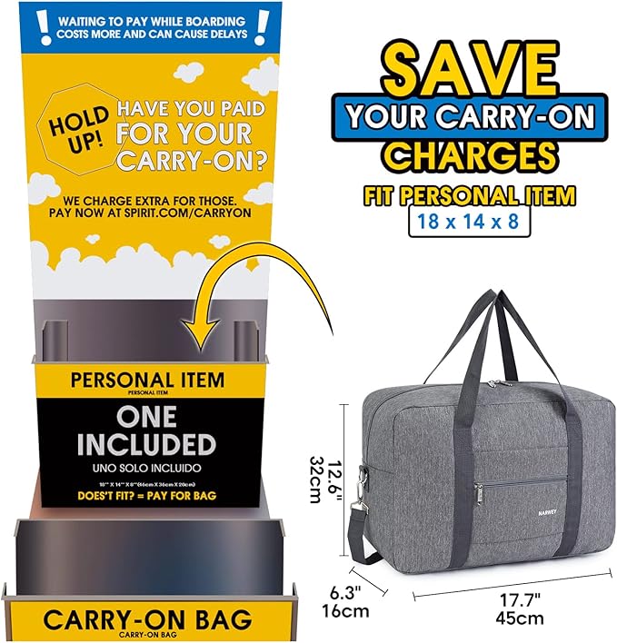 For Spirit Airlines Personal Item Bag 18x14x8 Foldable Travel Duffel Bag Tote Carry on Luggage Duffle Overnight for Women and Men