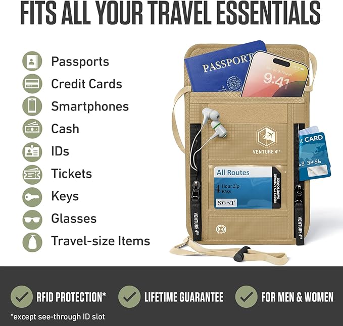 VENTURE 4TH Neck Wallet for Women & Men – RFID Blocking Passport Holder for Travel, Hidden Neck Pouch with 6 Compartments, Slim Lightweight Travel Organizer with Adjustable Strap (Beige)