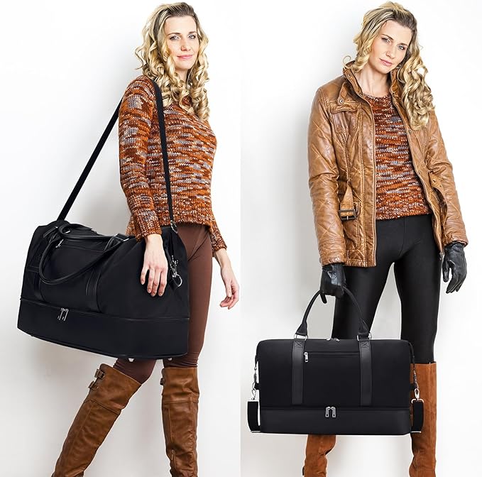Oeihuivt Weekender Bags for Women - 21 Inch Large Travel Duffel Bag 2-Piece Set with Shoe Compartment, Heavy-Duty Canvas Leather Carry On Overnight Tote