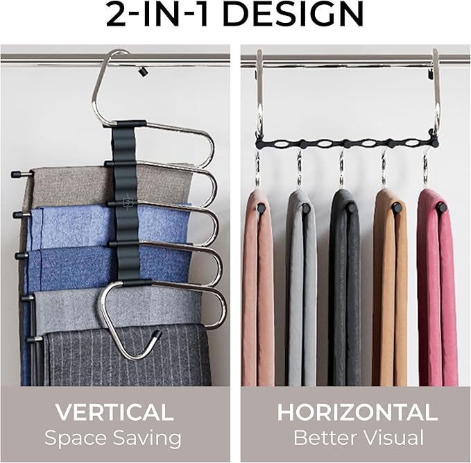 MORALVE Pants Hangers Space Saving - 4 Pack - Non-Slip Multi-Layer Space Saving Hangers - Multifunctional Clothing Rack for Closet Storage - Ideal for Jeans, Trousers, Skirts, Scarves & Slacks (Black)