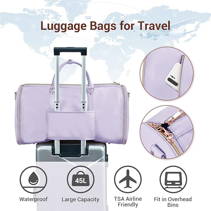 Garment Bags for Travel for Women, Stylish Garment Duffle Bag, Convertible & Foldable 2 in 1 PU Suit Bag For Hanging Clothes, Business Trip Bag With Toiletry Pocket & Shoes Compartment, Purple