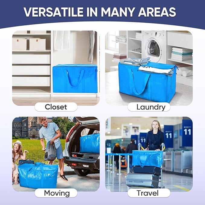 TICONN 2 Pack Extra Large Moving Bags Heavy Duty with Zippers & Carrying Handles, Durable Storage Bags Moving Boxes for Closet Organizers and Storage (2 Pack, Sky Blue)