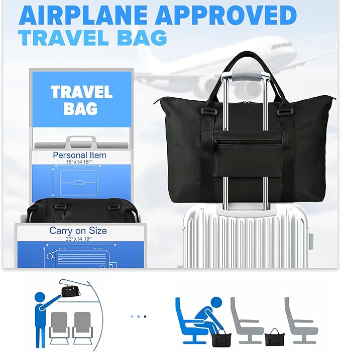 Travel Duffle Bag, Weekender Travel Bag Men Small Gym Bag for Women, Hospital Bag for Labor and Delivery, Overnight Bag Luggage Bag with Trolley Sleeve, Airplane Travel Essentials for Flying(Black)