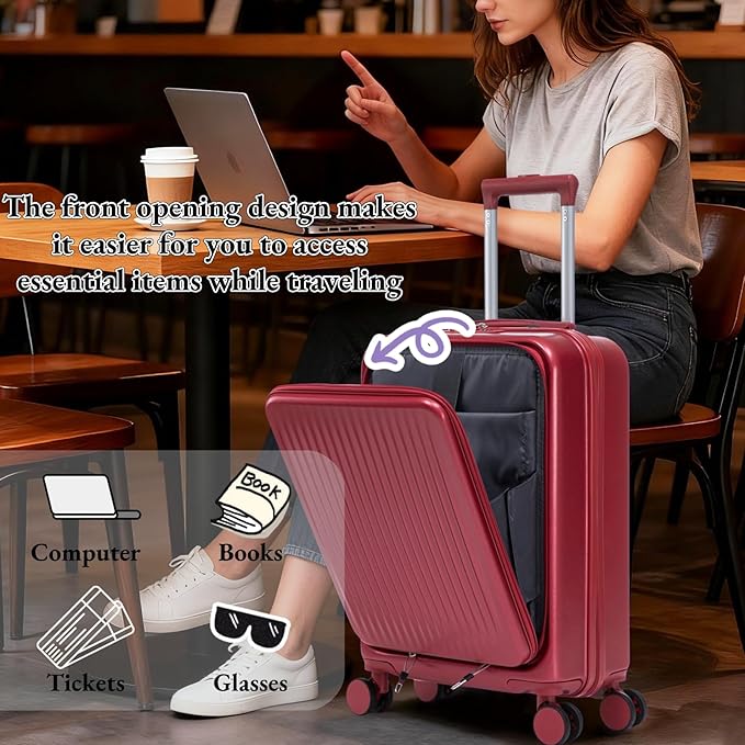 2 Pcs ABS Spinner Luggage Set - 14" Cosmetic Case & 20" Carry-On with Combination Lock, Front Opening Design, Red