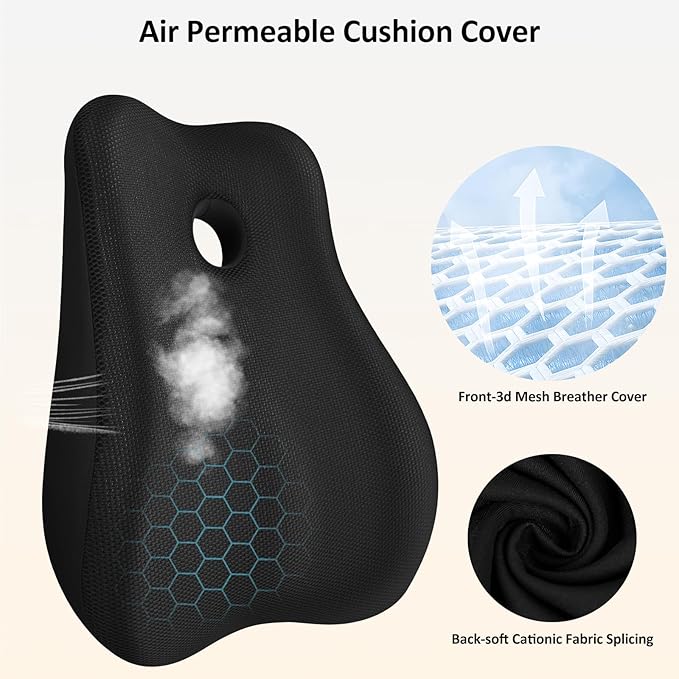 Seat Cushion,Lumbar Support Pillow for Office Chair,Memory Foam Coccyx Seat Cushion,Ergonomic Mesh Back Support Pillow,Office Desk Chair Cushion for Sciatica,Back&Tailbone Pain Relief,Black