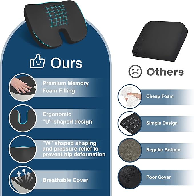 Memory Foam Cusion, Relief Pressure Seat Cusion for Office Chairs & Car Seat, Ergonomic Design Seat Cusion for Tailbone Pain Relief, Sciatica & Back Support