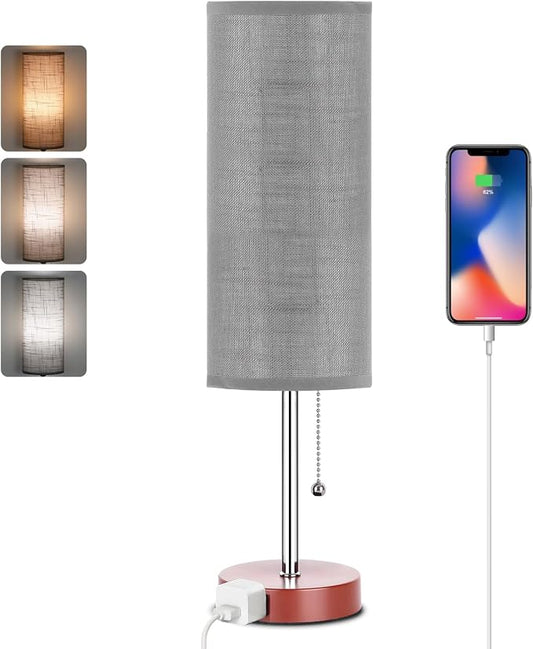 Dott Arts 18" Table Lamp for Bedroom, 3-Color Bedside Lamps with Pull Chain | Bedroom Table Lamps for Nightstand,AC Outlet Small Lamp for Living Room, Bulb Included Grey
