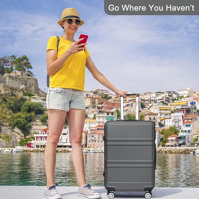 Kono 24 Inch Luggage Suitcase with Spinner Wheels TSA Lock Lightweight PC+ABS Hardside Medium Checked Luggage Durable Rolling Suitcase Grey
