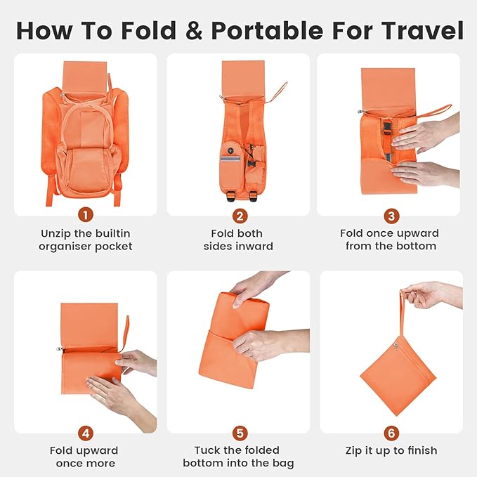 Small Hiking Backpack 10L-Lightweight Packable Foldable Backpack for Travel Camping Outdoor Commute,Compact Rucksack for Women Men(Orange)