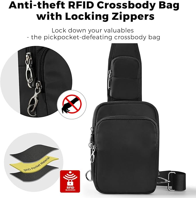 VADOO Sling Bag, Crossbody Bag with Zipper Lock, RFID Blocking & Water Resistant for Men and Women
