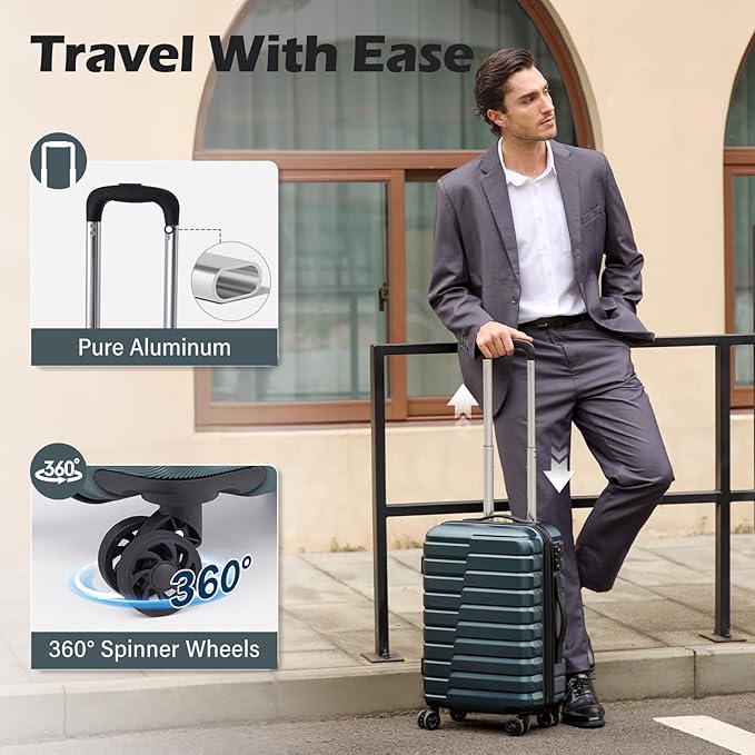 Coolife Luggage Sets, 3 Piece Hard Shell Suitcase Set with Spinner Wheels, Expandable Large Checked Luggage, Lightweight Rolling Carry On with TSA Lock Teal Blue