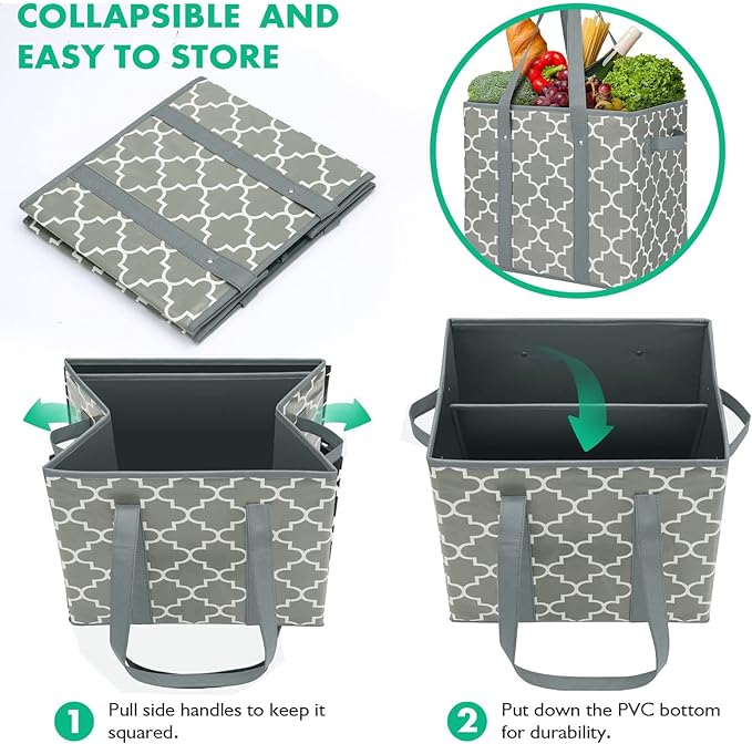 WISELIFE Reusable Grocery Bags 4-Pack Foldable Washable Storage Bins Basket Water Resistant Shopping Utility Tote Bag Grey