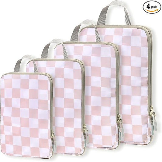 WOOMADA Compression Packing Cubes for Suitcases Travel Essentials 4 Set Expandable Travel Bags Organizer for Luggage(pink checkerboard)