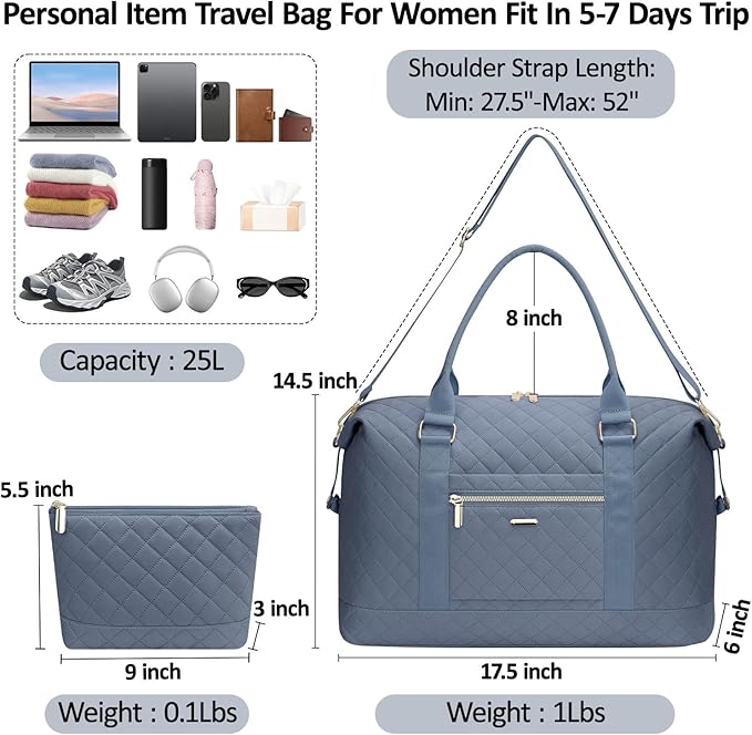 Quilted Travel Duffle Bag for Travel Women with Toiletry Bag, Large Weekender Bags for Women Carry on Duffel Overnight Bag, Waterproof Travel Tote Bags for Sports, Weekender, Business, Blue