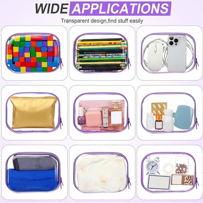 Sanwuta 6 Pcs Clear Hard Zipper Case Plastic Zipper Pouches Transparent Makeup Bag Pencil Case Pouches Toiletry Diaper Bag for Travel Toy Storage Organizer Bins(Purple,7.87 x 5.9 x 2 Inch)