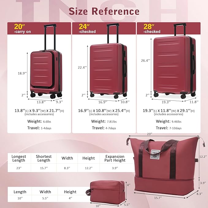 Merax Luggage Sets 5 Piece Front Open, Hardside 20" Carry On Suitcase Set with USB Port,Lightweight Expandable Travel 24" 28" Luggage with Bags TSA Locks Double Spinner Wheels,Red