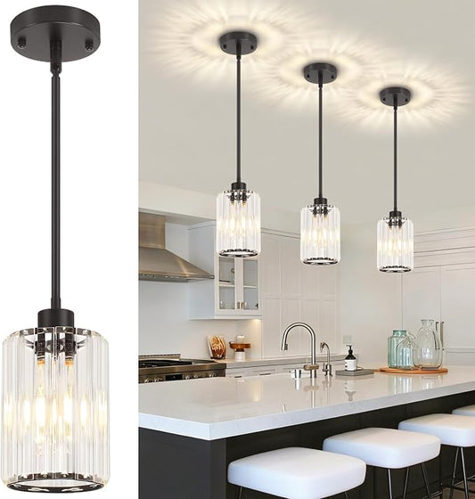 Black Pendant Lighting Over Island, Modern Kitchen Light Fixtures | 1 Pack Adjustable Hanging Lamp Crystal Pendant Lights for Dining Room Hallway Entryway Bathroom Above Sink