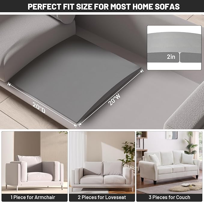Couch Cushion Support for Sagging Seat, 20"x20"x2" 40D High Density Curved Foam Sofa Cushion Support, Under-Cushion Sag Repair,Grey Set of 1
