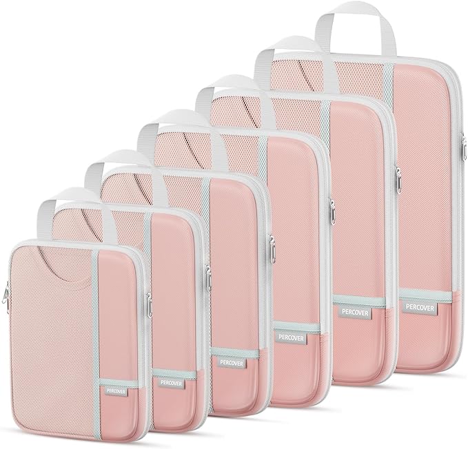 Percover Compression Packing Cubes 6-Piece Set, Packing Cubes Compression for Travel with Multi-Size Organization, Travel Organizer for Carry On & Checked Luggage, Pink