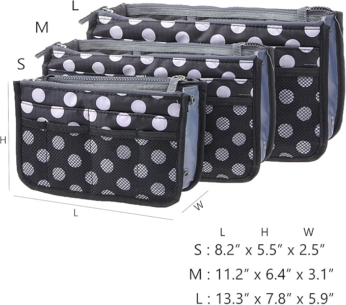 Vercord Purse Organizer Insert for Handbags Bag Organizers Inside Tote Pocketbook Women Nurse Nylon 13 Pockets Black Dot Small