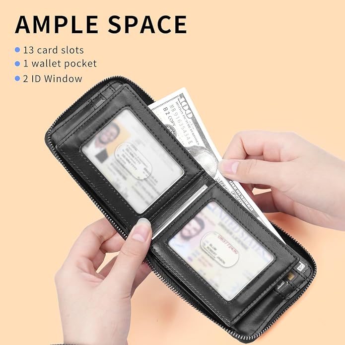 Men’s RFID Blocking Zipper Large Dimensions Wallet with 2 ID Windows - Large Capacity Design, 13 Credit Card Slots